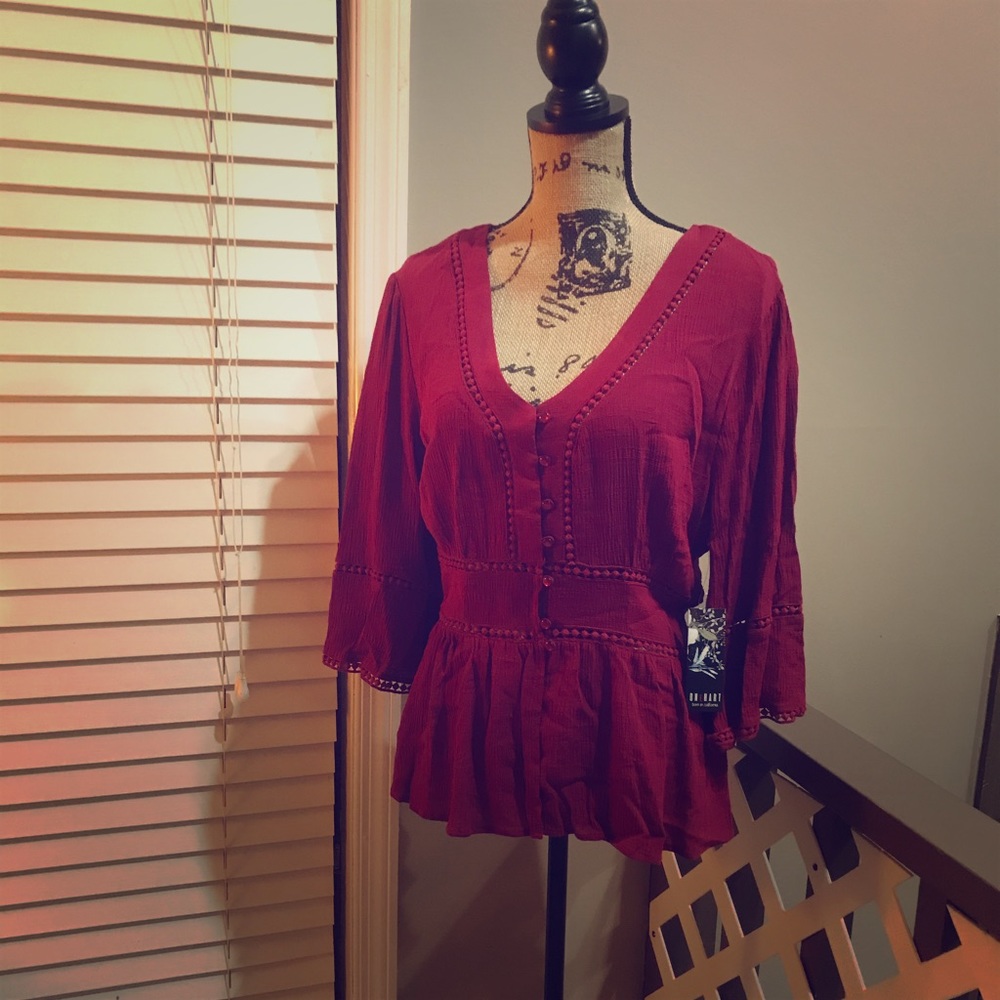 One Hart Burgundy Boho Top NWT NEW V Neck